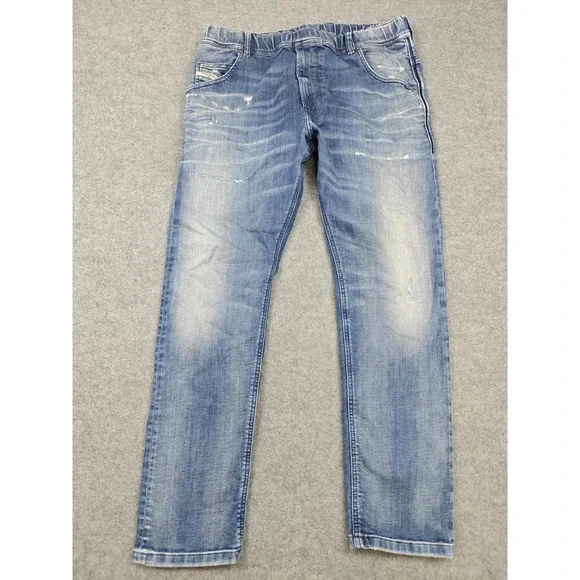 Diesel Jeans Mens 34x32 Blue Medium Wash Relaxed Tapered Stretch Denim Pants