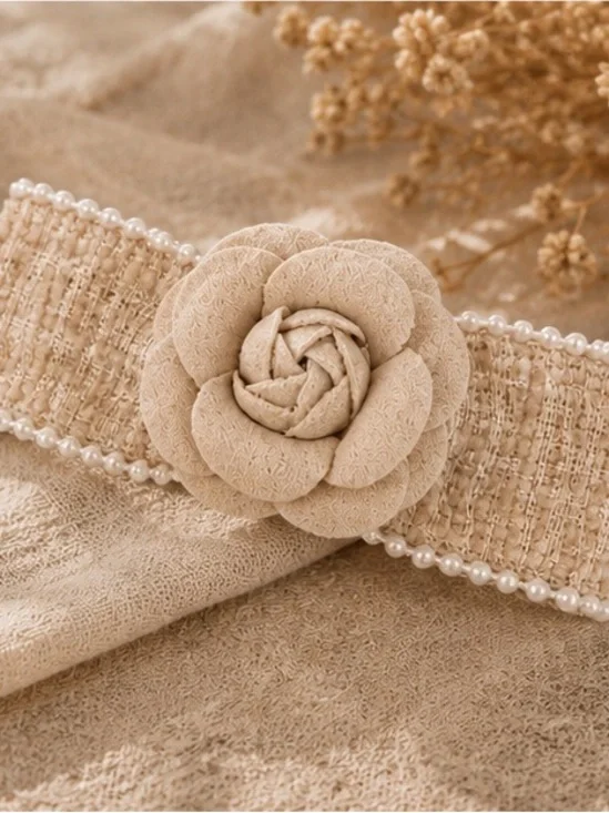 Designer Inspired Tweed Camellia Flower Hair Barrette Pearl Trim Beige Clip