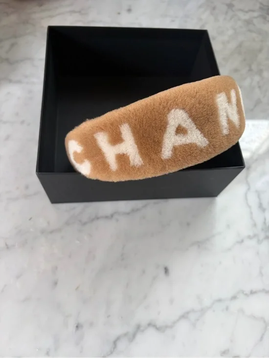 CHANEL Caramel 100% Shearling Headband with White Lettering