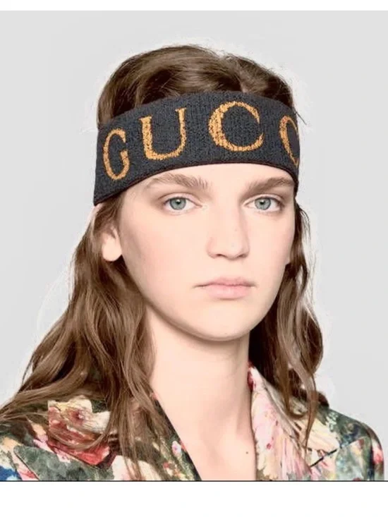 Gucci Black Knit Headband with Gold Logo