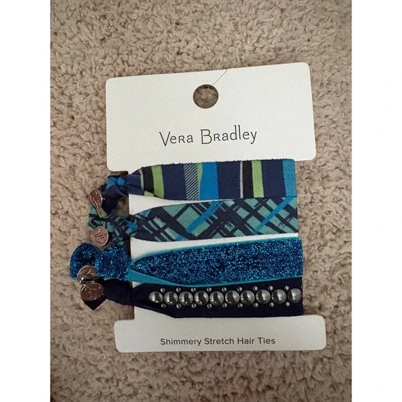 Vera Bradley Shimmery Stretch Hair Ties 4 Pack Catalina Blues Plaid Glitter Stud