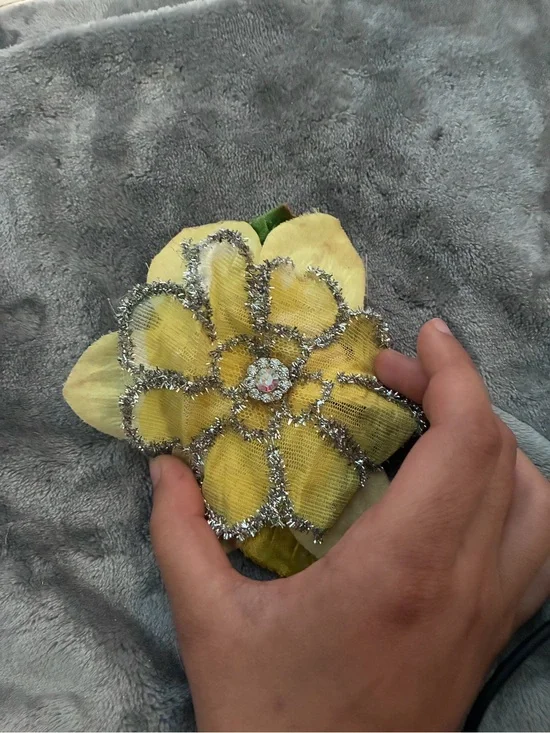 Vintage Antique Handmade Yellow Fabric Flower Appliqué Hair Clip