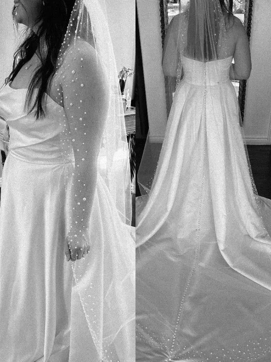 Handmade Cathedral Pearl Wedding Veil | Pearl Trim | Soft Tulle | White | Bridal