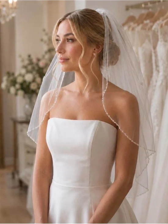 Elegant Two-Tier Beaded Wedding Veil With Crystal Accents