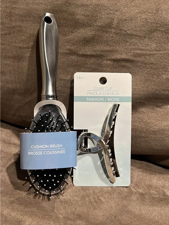 Silver Cushion Hair Brush and Silver Claw Clip Set
