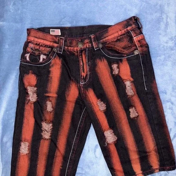 Vintage True Religion Red Black Dyed Distressed‎ Baggy Jeans Shorts men  Size 34