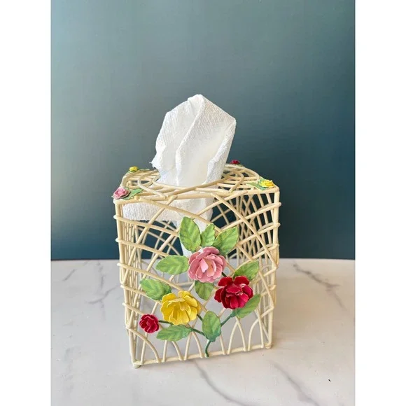 Vintage Metal Tole Wire Floral Tissue Box Cover Cream Lattice Cottagecore Decor