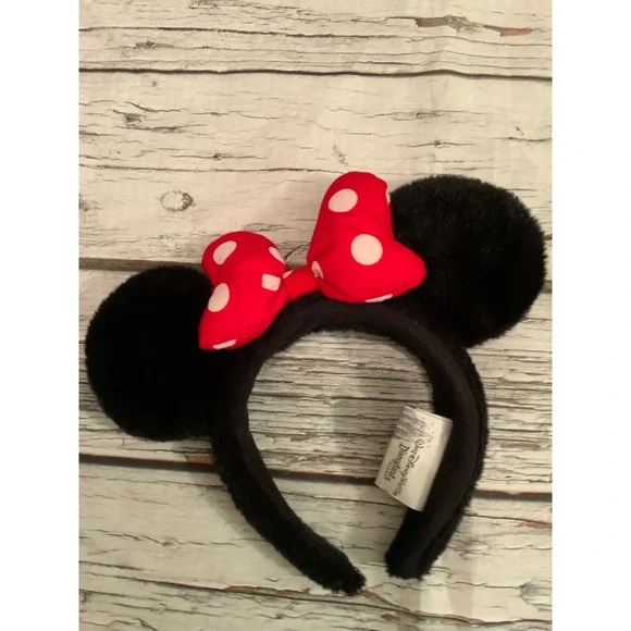 Vintage Disney Parks Minnie Mouse Polka Dot Bow Ear Headband Black Red Plush