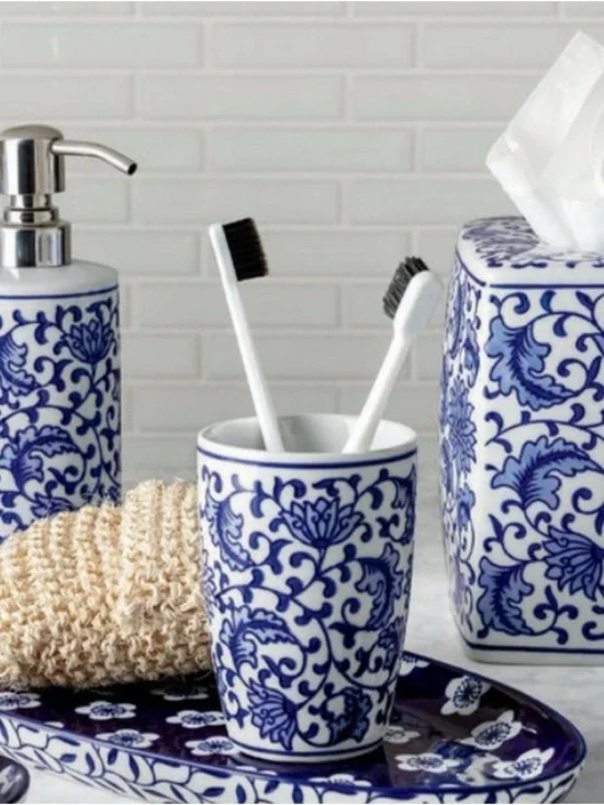 Williams Sonoma Blue and White Ceramic Bathroom Accessory Set