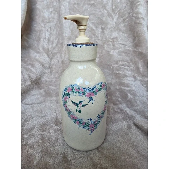 Home Garden Party Stoneware Soap Dispenser Hummingbird Floral Heart Handmade USA
