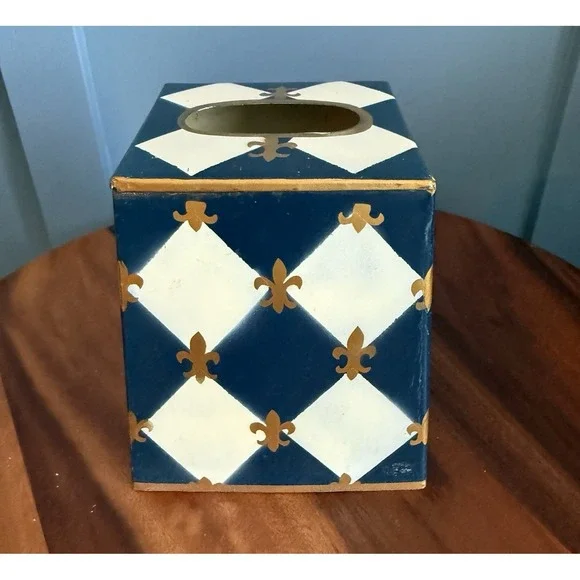 Vintage Mid Century Metal Painted Harlequin Fleur De Lis Tissue‎ Box Holder Blue