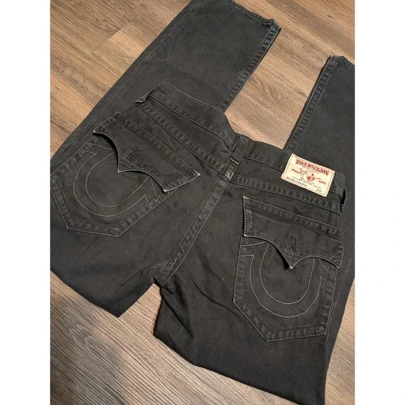 True Religion Section Straight Black Denim Jeans Mens 33x33 Y2K Horseshoe Flap