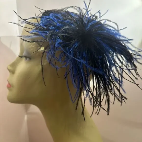 Taissa Lada Handmade Feather Fascinator Maribou Satin Lace Blue Black