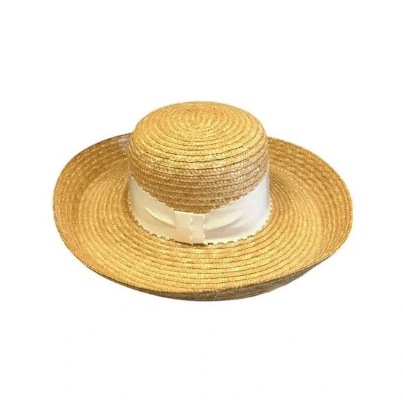 NWT LAURA ASHLEY Hat Womens‎ Boater Straw Hat Optic White Ribbon Bow Vintage 80s