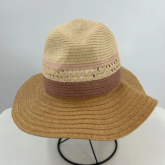 Boho Women Straw Sun Hat Colorblock Pink Tan Woven Wide Brim Floppy Summer Beach