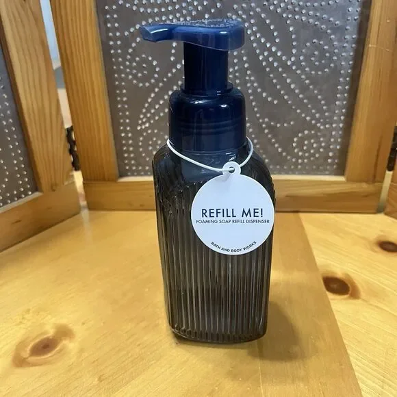 Bath & Body Works Glass Foaming Soap Holder Dispenser Pump Blue Bathroom Decor