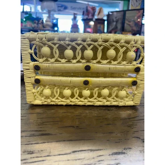 Vintage 70s Boho Yellow Wicker Kleenex Holder