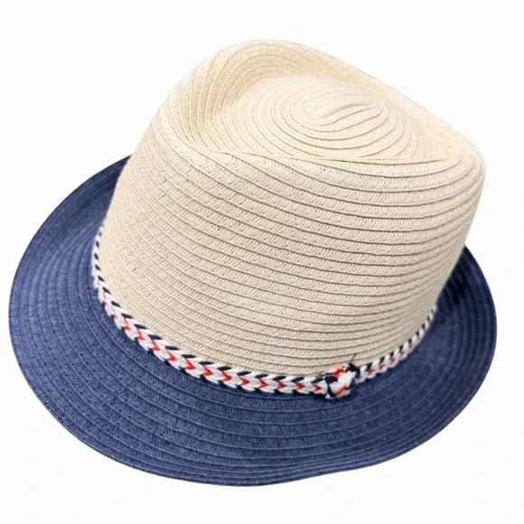 D&Y Straw Fedora Hat Navy Blue Brim‎ Beige Crown One Size