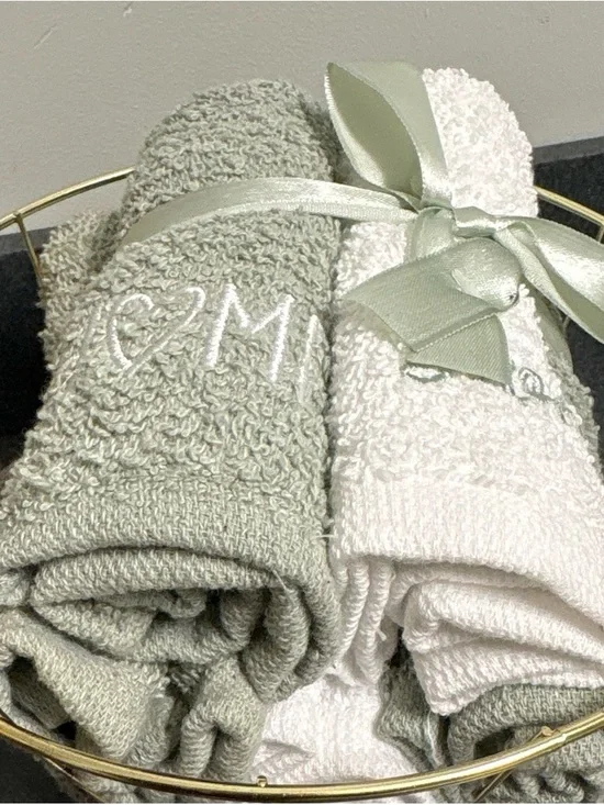 Monogrammed Plush Hand Towel Set - Sage Green & Cream