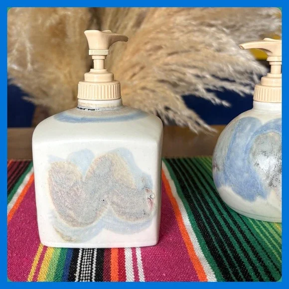 Handmade Studio Pottery Soap Dispenser Set Drip Glaze Stoneware Boho Decor 2pc