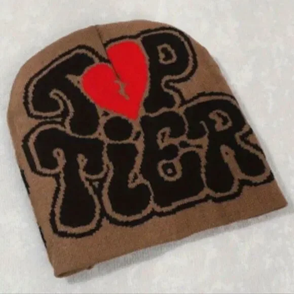 Top Tier Brown Beanie with Red Heart