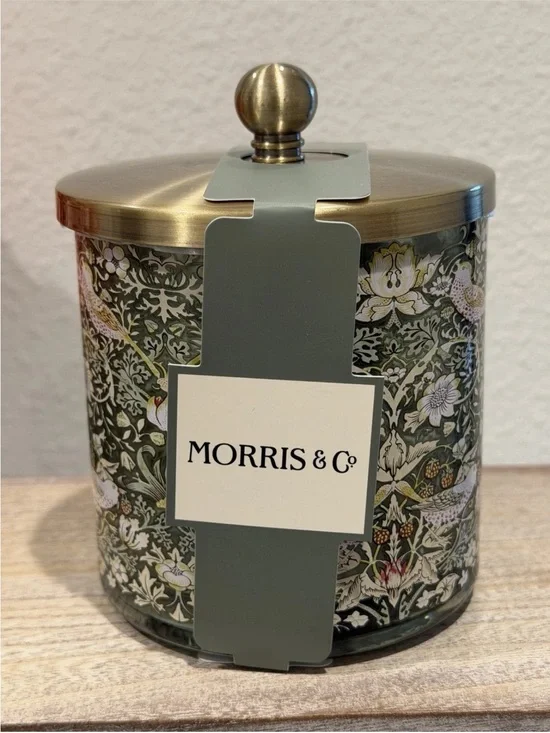Morris & Co bathroom vanity Cotton Jar Green Glass w/gold Trim Strawberry Thief