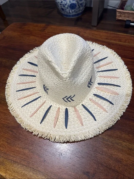 Boho Chic Straw Fedora Hat with Fringe Brim & blue and peachy color Design