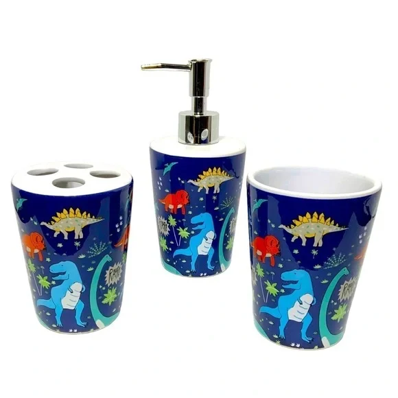 Matt & Maddie Dinosaur Bath Accessories Kids Colorful Ceramics Blue 3 Piece Set