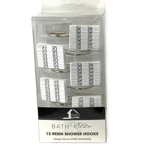 White Diamonds Rhinestone Shower Curtain Hooks Resin White Silver Set of 12