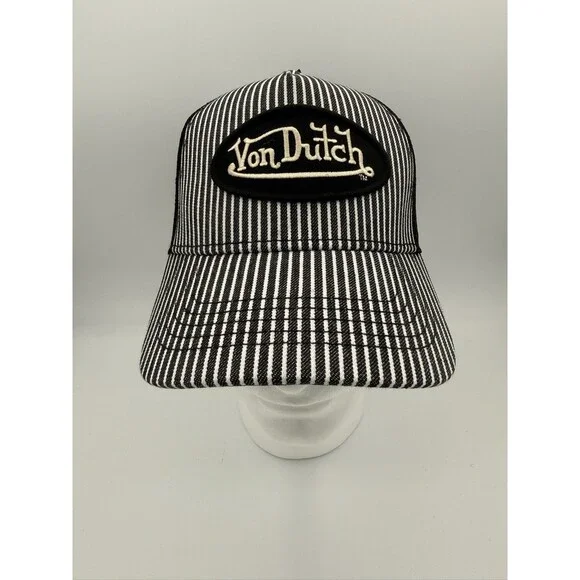 Von Dutch Black & White Pinstripe Railroad Mesh Trucker Hat Logo Patch OS NWT