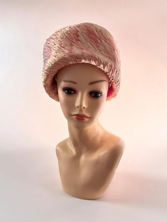 Vintage 1960s women's woven straw turban-style cap shades of blush pink & cream.