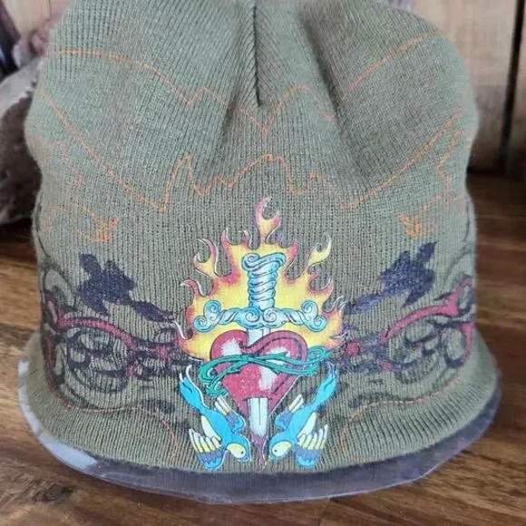 Pugs Gear Olive Green Premium Knit Beanie Hat Sacred Heart Tattoo Graphic