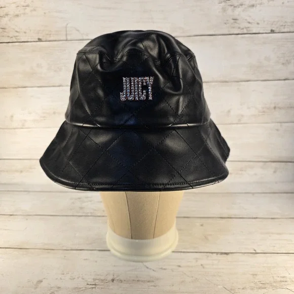 Juicy Couture Black Quilted Faux Leather Bucket Hat Rhinestone Logo Y2K Style