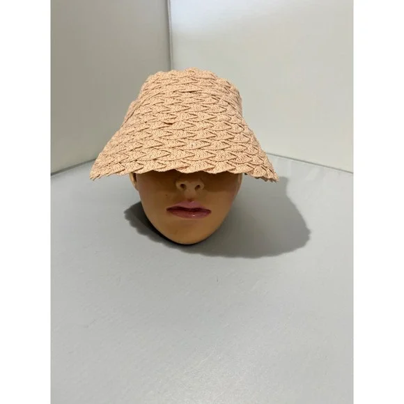 Woven Straw Sun Visor Peach Tan Scalloped Textured‎ Elastic Back Summer Hat