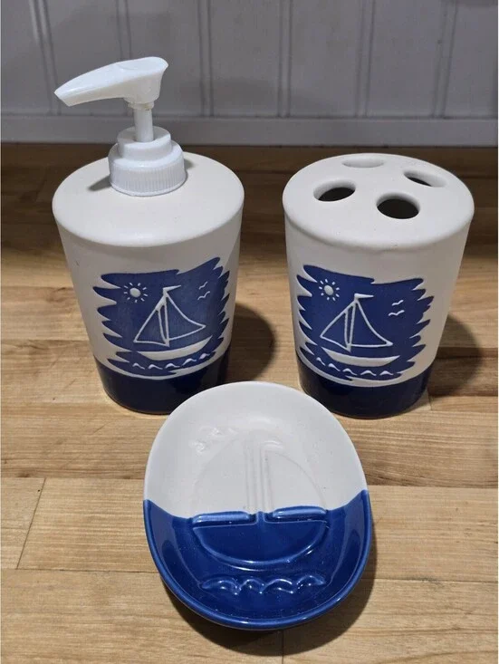 3pc Bathroom Set Hand Soap Pump Dispenser Toothbrush Holder  Soap/ Trinket Dish