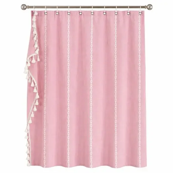 BTTN Linen Blend Shower Curtain Pink Boho Tassel Embroidered Farmhouse 72x72