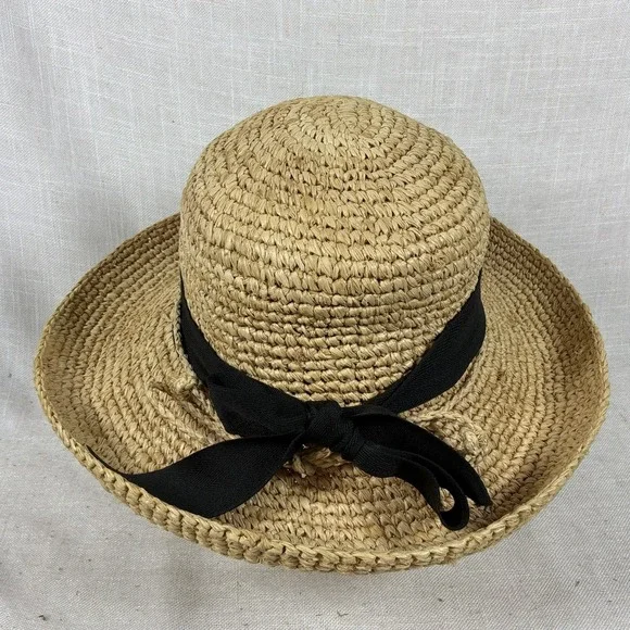 VTG Raffia Straw Hat Women's‎ Wide Brim Flat Beachy Cottage 22.5