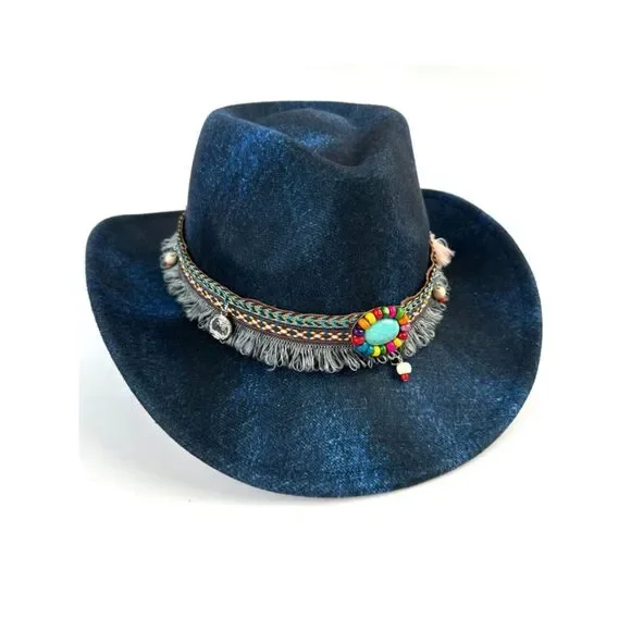 NWT Boho Blue Marbled Denim Look Western Cowboy Hat Beaded Turquoise Tassel Trim