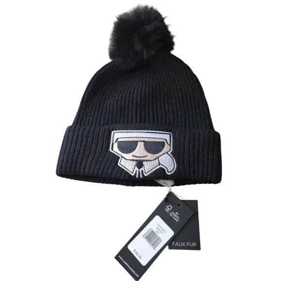 Karl Lagerfeld‎ Paris Beanie Women's One Size Black Knit Pom Rhinestone Logo