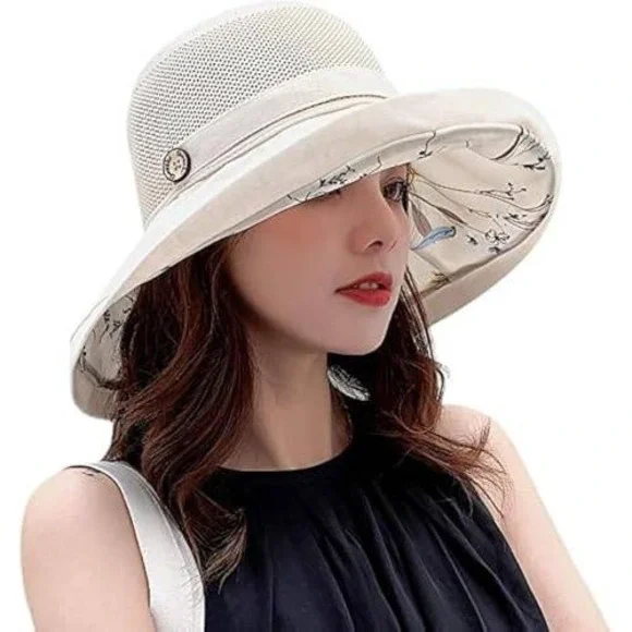 Womens‎ Wide Brim Sun Hat Mesh Breathable Floral Foldable Beach Straw Hat Beige