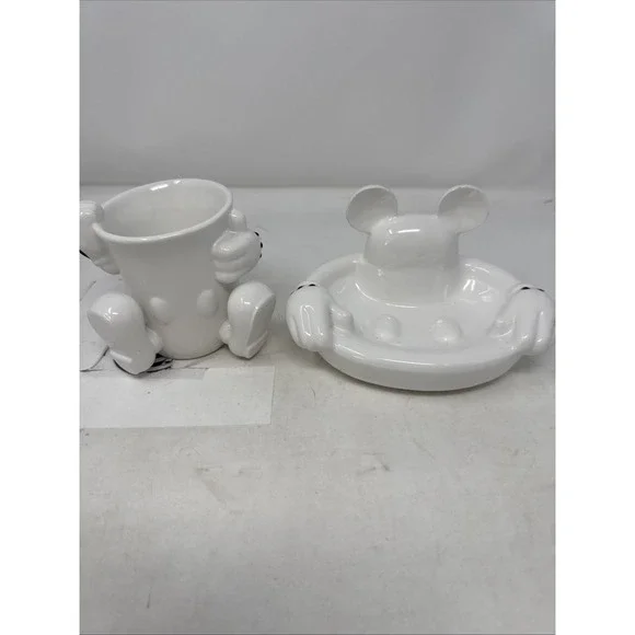 Disney Park MICKEY MOUSE White Soap Holder And‎ Cup Ceramic Bathroom