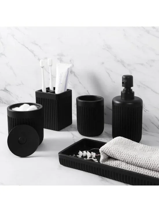 Matte Black Resin Bathroom Accessories Set - 5 Pcs Organizer for Home