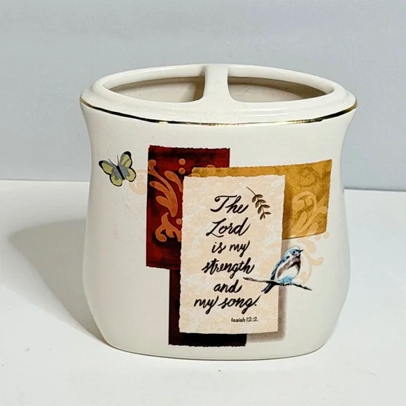 Religious Ceramic Toothbrush Holder Isaiah 12:2 Bluebird Butterfly Gold Trim