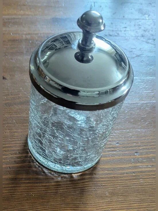 Clear Crackle Glass Jar with Chrome Finish Metal Lid. 5.5