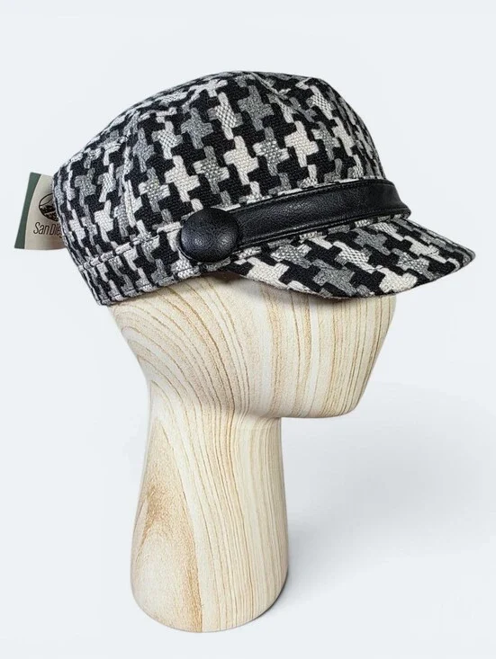 NEW San Diego Hat Company Black & White Houndstooth Cadet Hat Faux-Leather Band