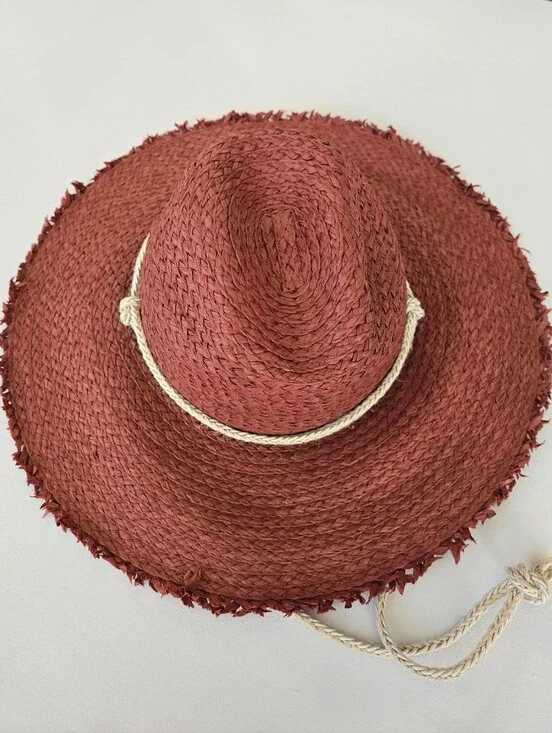 Frye Rust Red Paper Straw Sun Hat Raw Fringe Edge Wide Brim Cowboy Fedora Boho