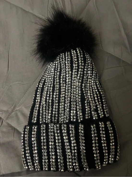Black Rhinestone Pom Pom Beanie - Embellished Winter Hat- Pom Pom is removable