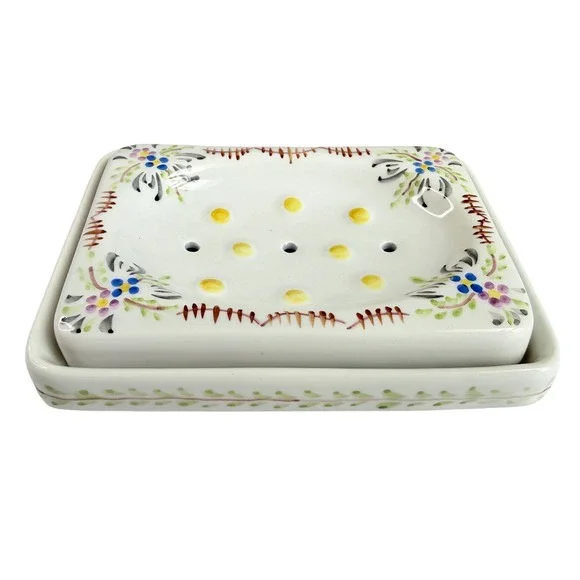 A.C.A. Soap Dish Set White Excellent Hand Painted Floral Portugal Vintage