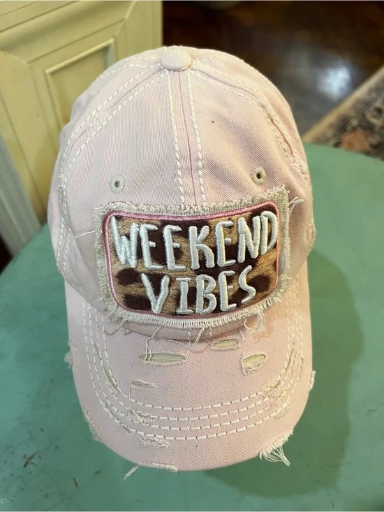 Weekend Vibes Pink Distressed Baseball Cap