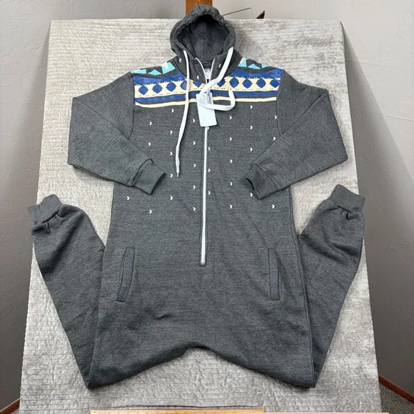 SkylineWears Mens Hooded Jumpsuit Charcoal Gray Tribal Geometric‎ Print Size M
